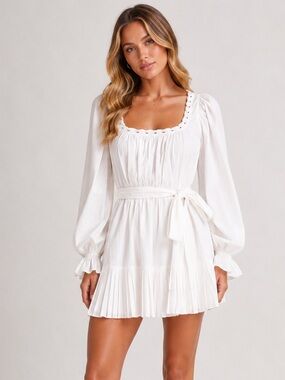 Ramy Brook Kayleigh Cotton Mini Dress Square Neck Belted Pleated White XXS NEW